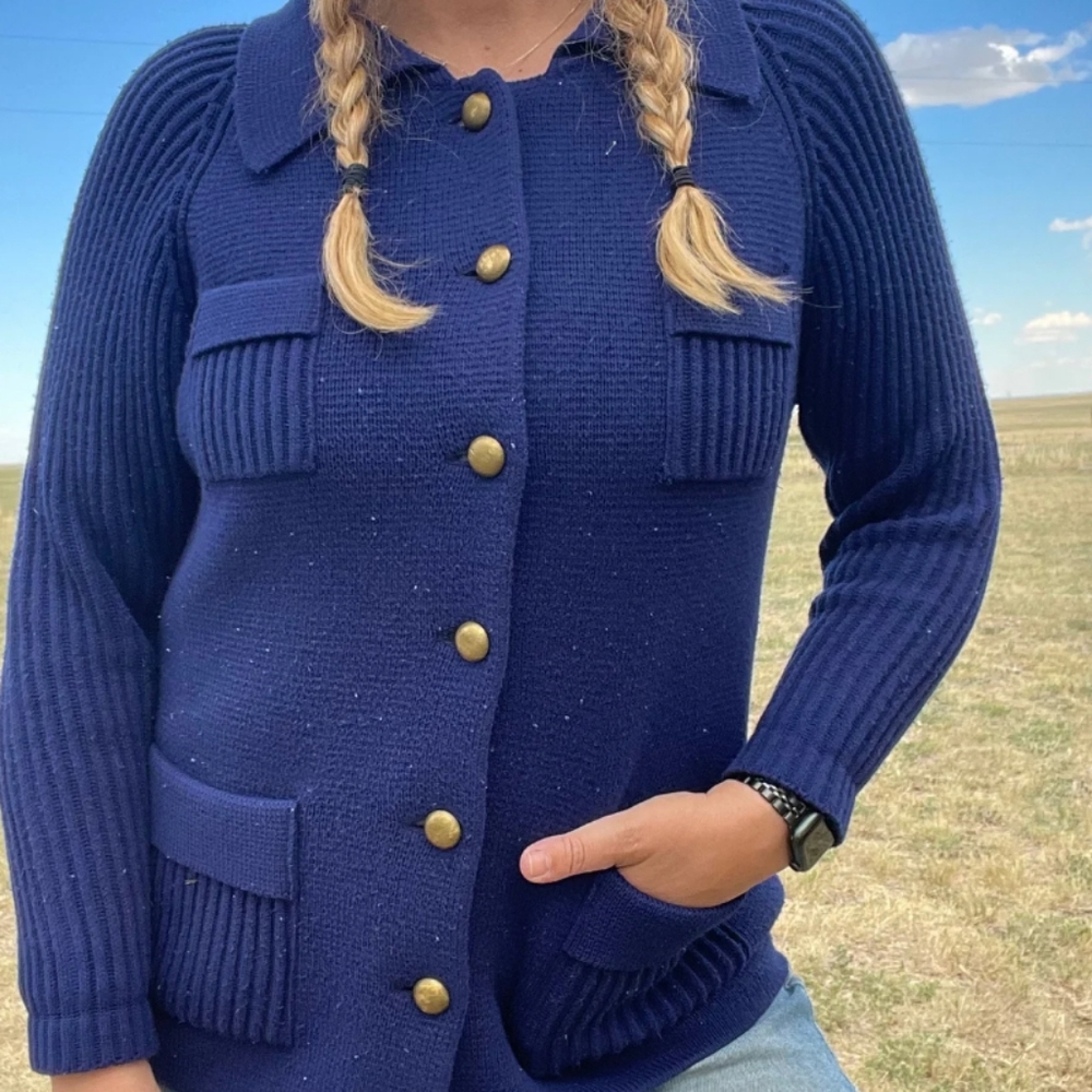 70's Warm HW Made In Korea Indigo Blue Knit Women's Jacket Sweater Size M